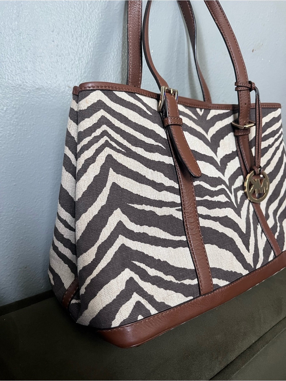 Michael Kors Black and White Zebra Canvas Tote with Brown Leather Trim - Picture 4 of 14